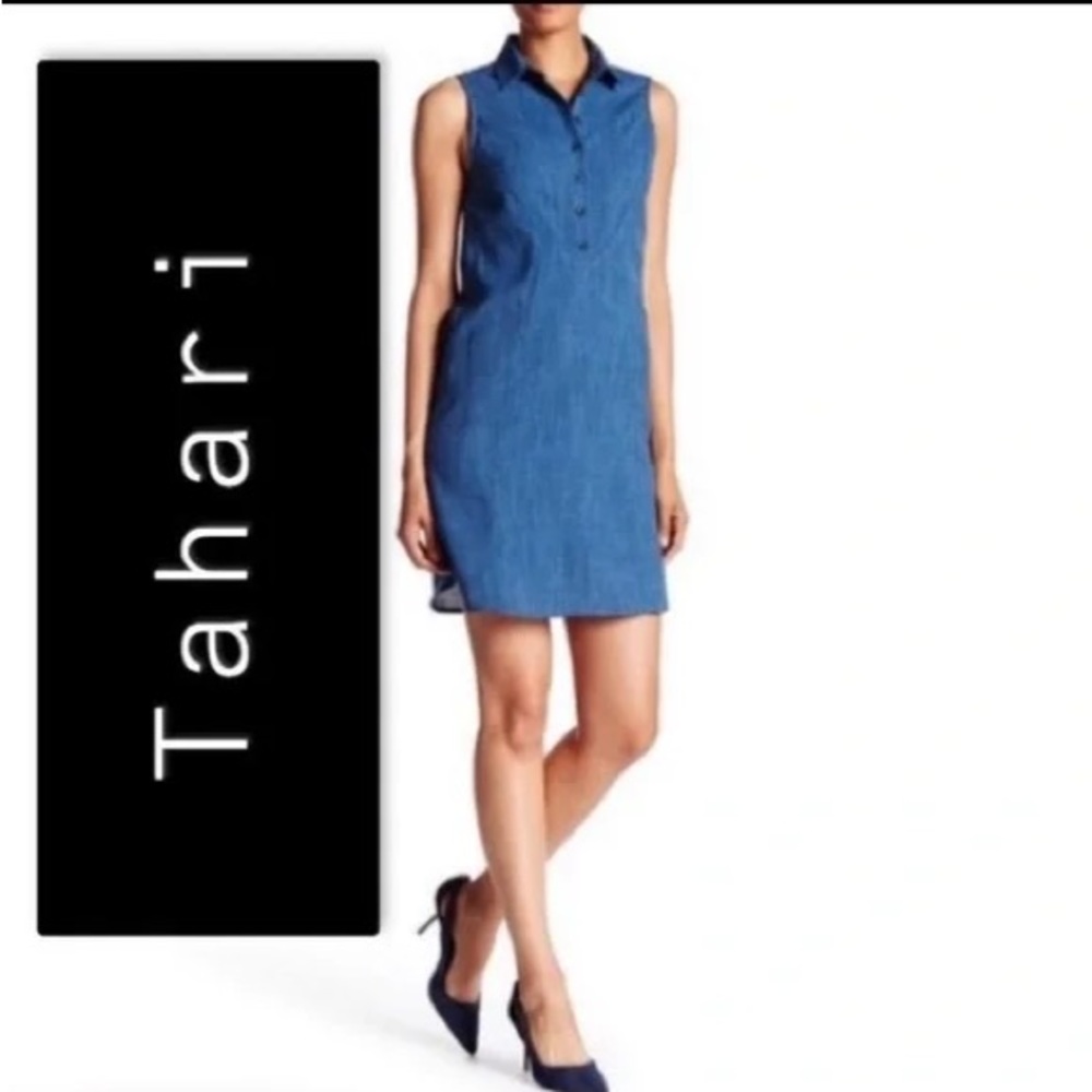 Tahari Shift Dress, Size 8,Sleeveless, Collared, Button Front, Lined, Denim Blue